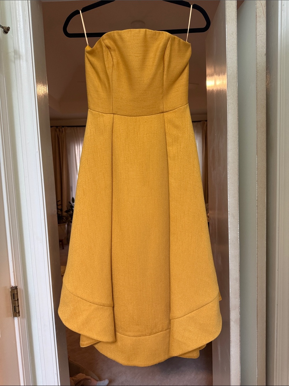 Mustard full skirt strapless pocket midi dress